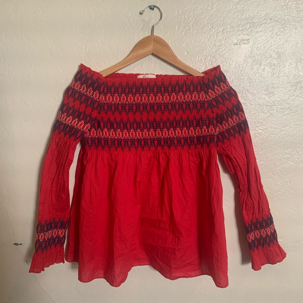 Maje Ruched Off The Shoulder 100% Cotton Red Long Sleeve 1